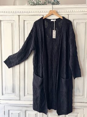 🟠NWT OLIVE SCENT Open Front Crochet Cardigan w/Pockets in Dark Navy M/L